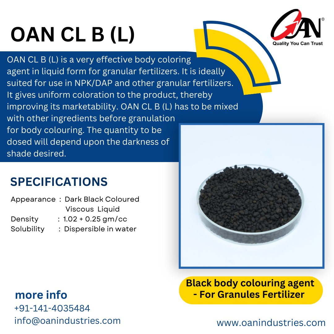 oanindustries's tweet photo. OAN CL B (L) - Black Body Colouring Agent for Granules Fertilizer
#colouringagent #granulesfertilizer #ColourinAgentForGranulesFertilizer #npk #dap #liquidcolouringagent #liquidform #additives #ferlitizer #fertilizeradditives #additivemanufacturing #oanindustries https://t.co/UFd372y0In