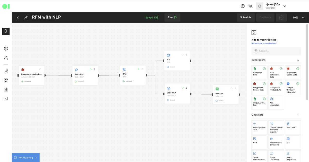 svpino's tweet photo. Every single company in the world wants to solve this problem:

1. Connect to different data sources to grab data
2. Process and transform that data
3. Use AI/ML to extract insights
4. Send the results of the model somewhere

This market is worth billions, and thanks to AI/ML, we are making a ton of progress automating it.

My off-the-cuff estimate: You can cut 60% - 80% of all the necessary work using a tool like @datagran.

They are like Zappier for data science applications.

Here is the magic of this tool: You can build an entire workflow without writing a single line of code,  but they don't rely on a Large Language Model to do the heavy work. Instead, they combine the flexibility of AI with a library of components you can depend on.

No-code components + a powerful IDE + a smart AI assistant. That's their formula!

I attached a workflow that does an RFM analysis for a company. Every company needs this, and now they can do it at a fraction of the time and cost.

Do you see those "Jedi NLP" components? That's the glue connecting data and results at different stages. You ask Jedi what you need, and the bot will take care of the rest.

Look at the video below for a full demo of how easy it is to complete the workflow.

Here is a step-by-step demo that shows how easy it is to build an entire workflow from scratch: https://t.co/8CARJ6m3BG

You can try out the application for free right here: https://t.co/1f9Ca52W6X

Thanks to @datagran for partnering with me on this post!