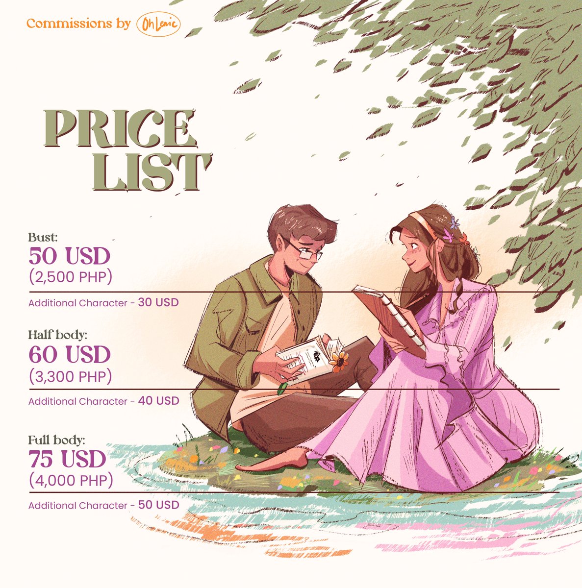 ohlenic's tweet photo. Salt air and my commissions are open again 🍃

Opening this batch of commissions for a very special reason! A little story time below this comms sheet 

🌻🌷 #commissionsopen #commissionsph #ohlenify https://t.co/1FOmpEJxpd