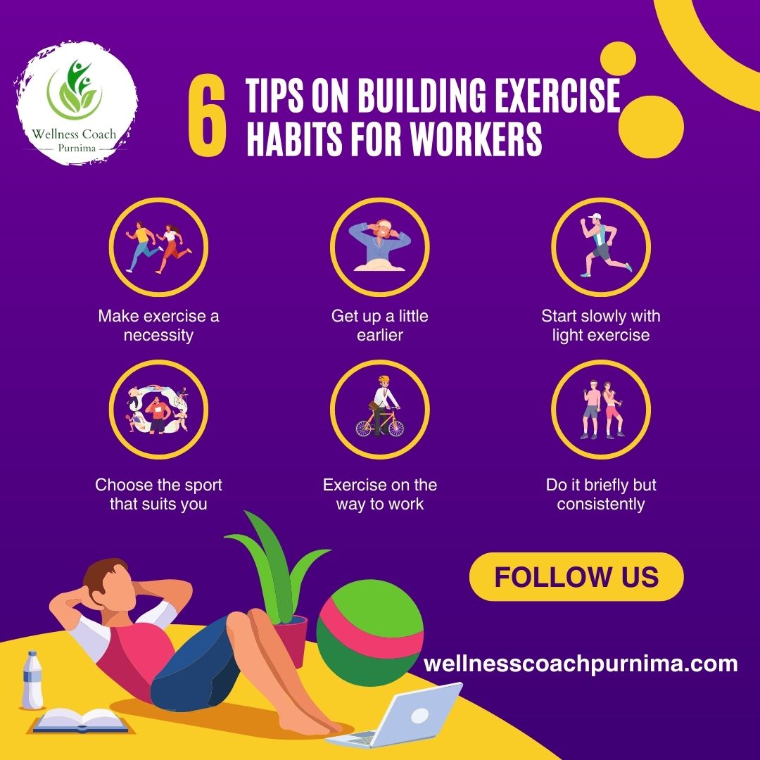 6 Tips on Building Exercise habits for workers 

#WellnessCoachPurnima #StayFitNotStill #JoinToday #FitnessJourney #ResistanceTraining #EnduranceTraining #PersonalTraining #CardioExercises #FitnessGoals #WorkoutMotivation #HealthAndWellness #FitnessInspiration #HealthyLifestyle