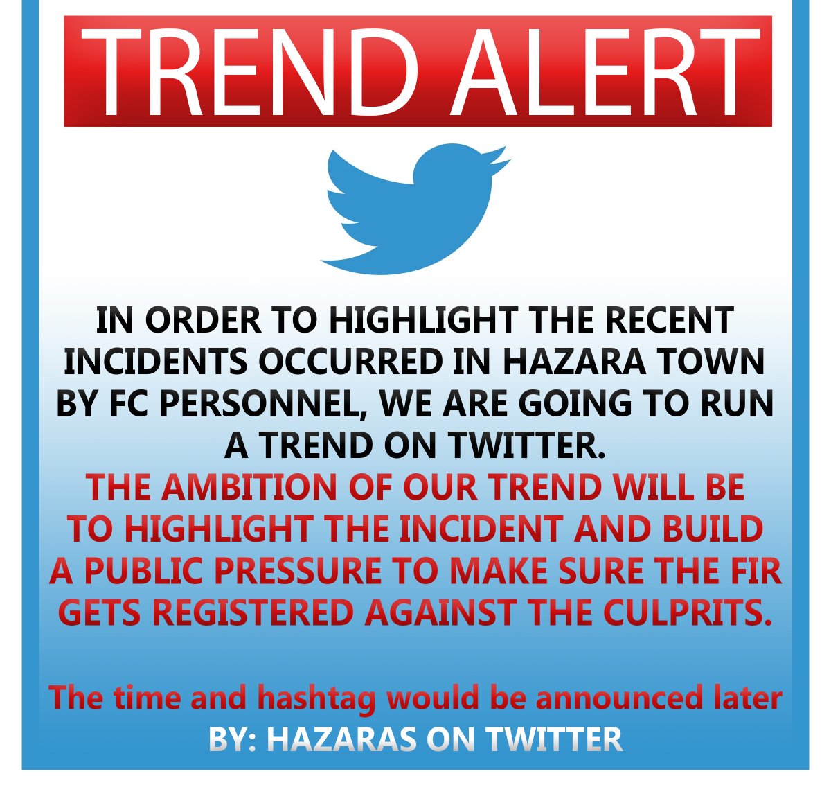 PakistaniHazara's tweet photo. Trend Alert

Join us in raising our voice against the heinous acts committed by some personnel of the Frontier Corps in Hazara Town, Quetta. The reported incidents of child molestation and attempted rape are utterly disturbing and demand immediate action.
(1/3) https://t.co/bKpeOXFstw