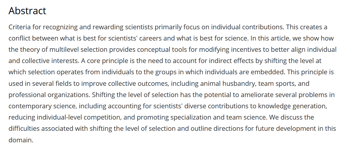 Now out in Perspectives on Psychological Science, our (with @LeonidTiokhin) discussion on how changing the reward structure in science to the level of the group, instead of individual scientists, might lead to better science. journals.sagepub.com/doi/10.1177/17…