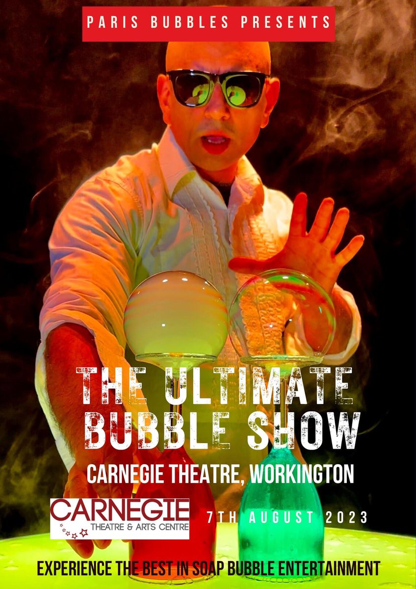 Two ‘relaxed’ bubble shows and one full on high energy show on Monday 7th August at The Carnegie Theatre, Workington. Ray Bubbles is a professional bubble maker and you will be amazed by the bubbles he creates.
@WorkingtonTown @BBC_Cumbria @CumbriaCC @CumbriaLive @WorkingtonPort