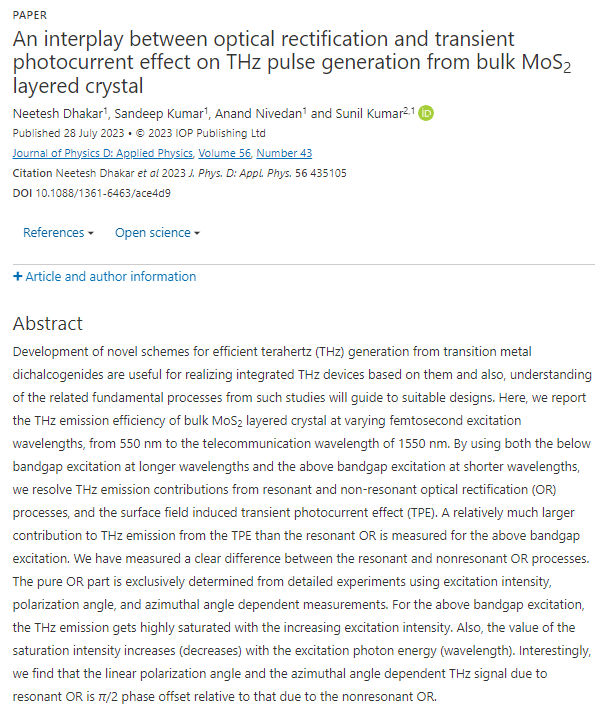JPhysD's tweet image. 📢 Hot off the press! Take a look at this paper on "An interplay between optical rectification and transient photocurrent effect on THz pulse generation from bulk MoS2 layered crystal" 💎 Read the article here 👉 iopscience.iop.org/article/10.108… #AppliedPhysics #THz #MoS2 @IOPmaterials