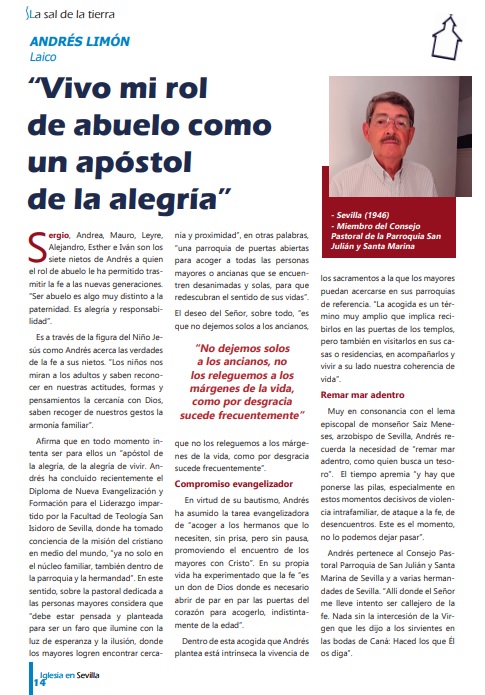 Queremos felicitar a N.H.D. Andrés Limón, que fuera en el pasado Viceteniente de Hermano Mayor en nuestra corporación, por su misión pastoral en la Iglesia como laico comprometido, recogiendo su testimonio en la revista #IglesiaenSevilla de nuestra @Archisevilla1.