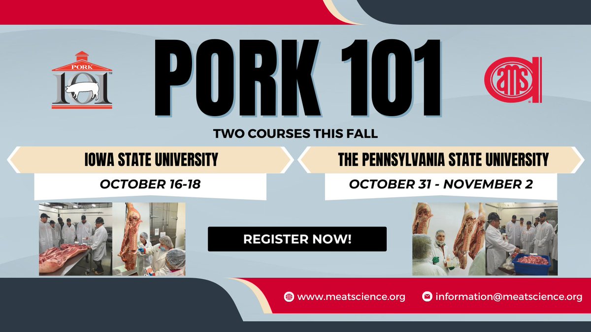 📣 Pork enthusiasts! 🐷 Join AMSA's Pork 101! 🗓️ Oct 16-18, 2023 - Iowa State Univ., Ames, IA 🗓️ Oct 31-Nov 2, 2023 - PA State Univ., State College, PA 🔍 Learn from experts, hands-on! 🎟️🥓meatscience.org/events-educati…