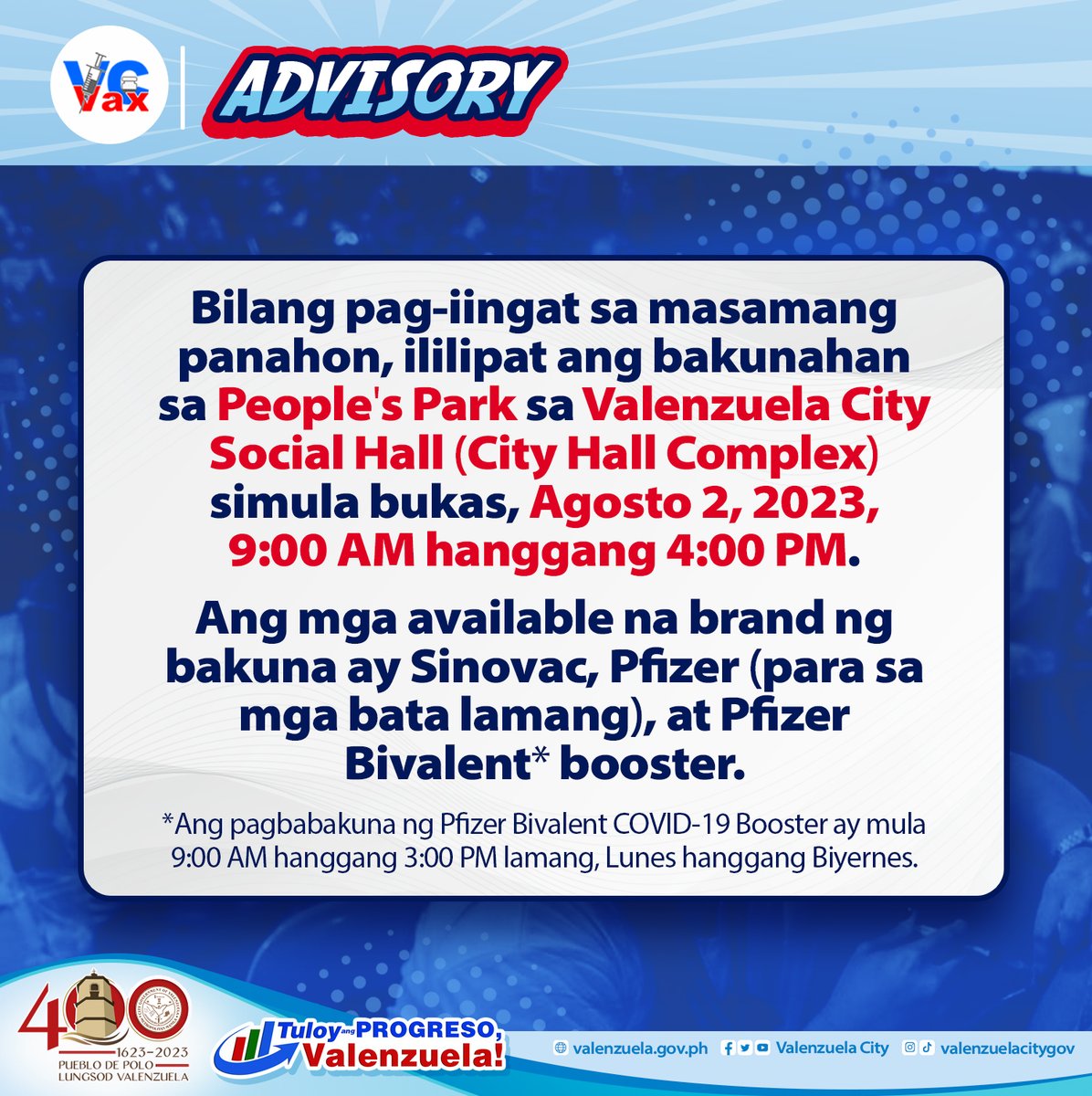 valenzuelacity's tweet photo. #VCVax Advisory: Bilang pag-iingat sa masamang panahon, ililipat ang bakunahan sa People's Park sa Valenzuela City Social Hall (City Hall Complex) simula bukas, Agosto 2, 2023, 9:00 AM hanggang 4:00 PM. https://t.co/yxUG6mE8yp