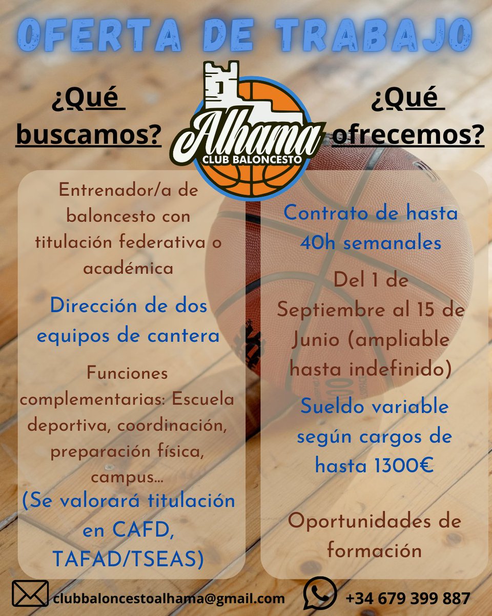 OFERTA DE TRABAJO ENTRENADOR/A 📝📢

¿Estás buscando club? Tenemos una oferta que podría interesarte 🧐. Buscamos un perfil polivalente que quiera dedicarse al baloncesto con unas condiciones totalmente profesionales 👏. Envía tu CV o contacta para +info. Se agradece difusión 🔃