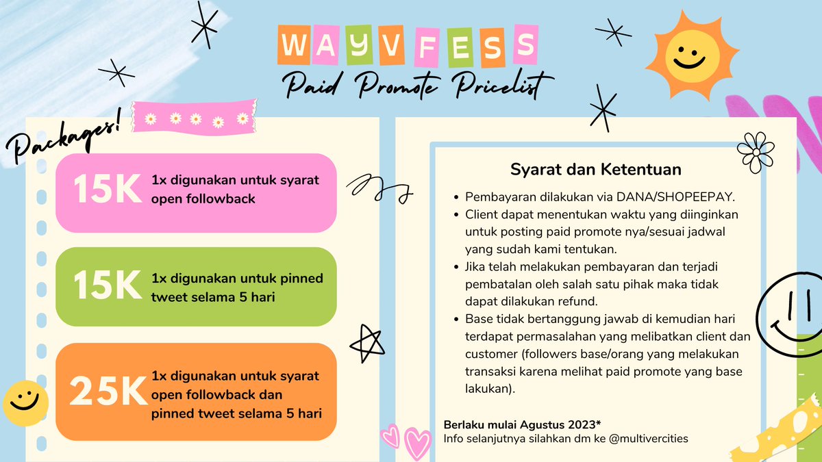multivercities's tweet photo. — — —                WAYVFESS
      PAID PROMOTE NEW PRICELIST。 

** berlaku mulai Agustus 2023 https://t.co/lcStWZYZ3k