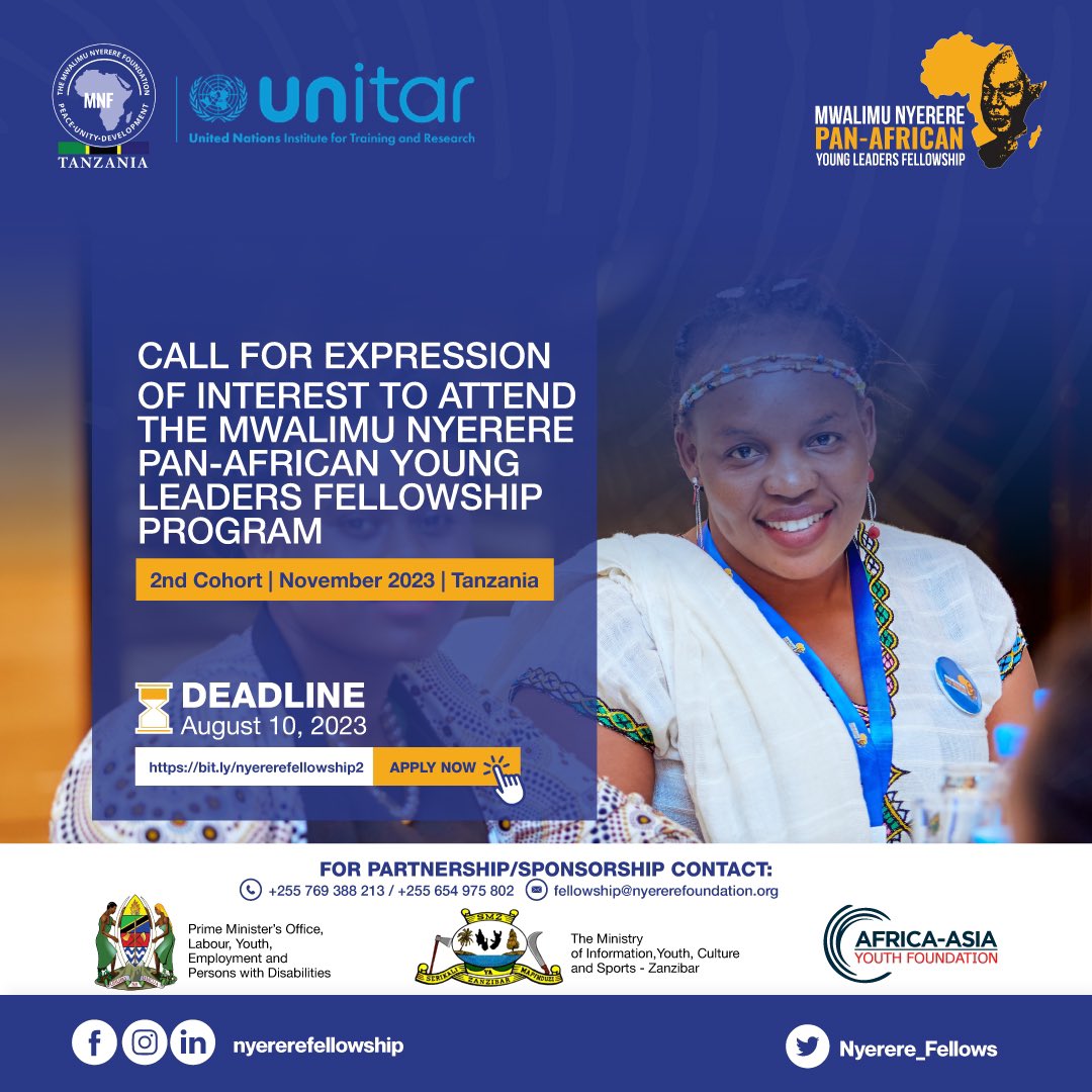 Good News from #NyerereFellowship The early Application for the 2nd Cohort of the Mwalimu Neyerere Pan-African Young Leaders Fellowship is now open! Application deadline: August, 10, 2023. Start your Journey here: 👇🏼 bit.ly/nyererefellows… #NyerereFellowship #Agenda2063