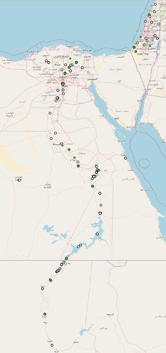 ailintom's tweet photo. PNM dataset now includes geographical coordinates  for visualisations based on SPARQL endpoint https://t.co/NUzO9J59vY 
E.g.,one can put Middle Kingdom (white) and Second Intermediate Period (green) private-name scarabs on a map using QGIS and SPARQL-plugin SPARQLing Unicorn. https://t.co/RFaljZRAB9