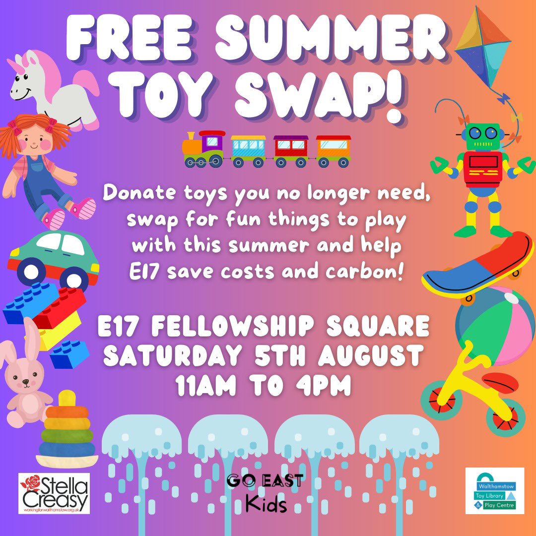 Walthamstow kids already driving you mad at home? this Saturday 5 August at fellowship square we are doing a free toy swap with @e17toylibrary and Go East Kids. Donate and swap for free to find new things to amuse them to help us save costs and carbon waste in our community! RT