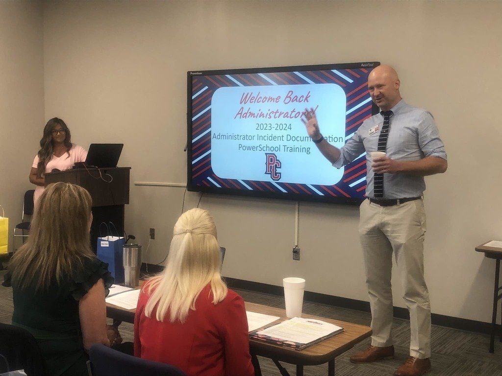 PCPS Superintendent Adam Leaming talks to principals and assistant principals on Tuesday morning during a training session. Today is the first day for many PCPS employees to report back to work for the 2023-2024 school year.