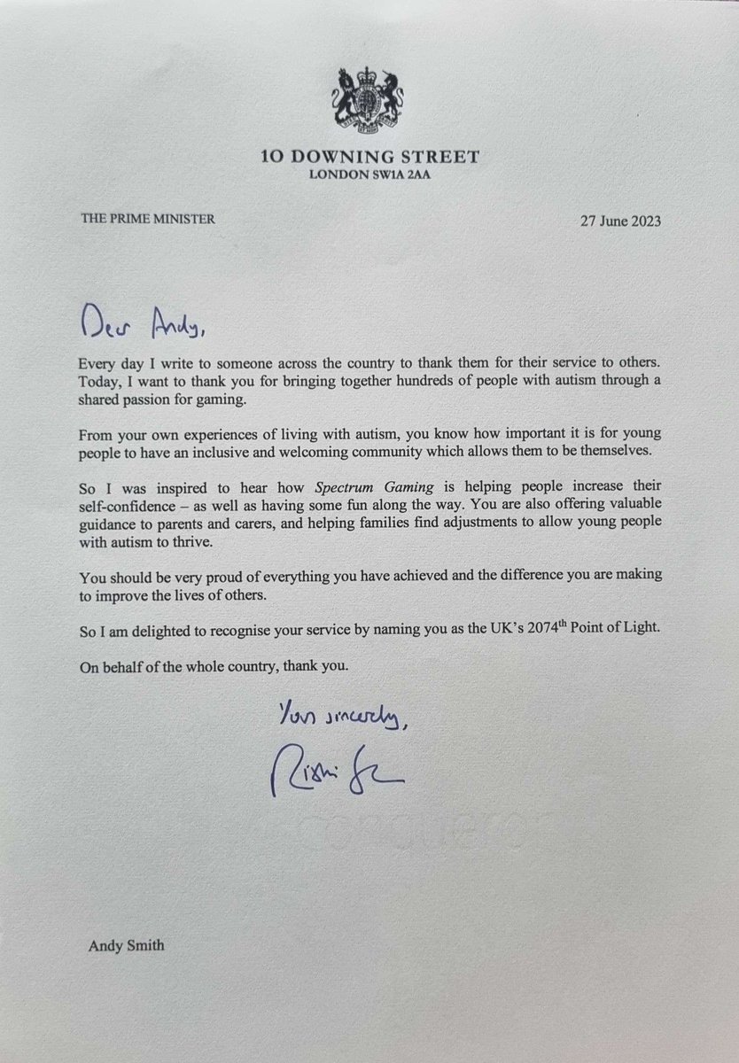 Spectrum0Gaming's tweet photo. After a magical London meetup weekend, I came home to a letter from the Prime Minister. It is really awesome to see Spectrum Gaming gain national recognition, and I am hoping this continues to happen.
1/3 https://t.co/YxG4wsWJh0