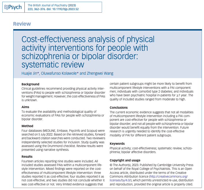 Lily Huajie Jin (@jinhuajiehotma1) on Twitter photo Our new review paper on <a href="/TheBJPsych/">BJPsych Journals</a> found that not all modalities of physical activity interventions are cost-effective for people with schizophrenia or bipolar disorder; and not all people would benefit equally from the intervention. Full texts see: doi.org/10.1192/bjp.20⦠Our new review paper on <a href="/TheBJPsych/">BJPsych Journals</a> found that not all modalities of physical activity interventions are cost-effective for people with schizophrenia or bipolar disorder; and not all people would benefit equally from the intervention. Full texts see: doi.org/10.1192/bjp.20ā¦