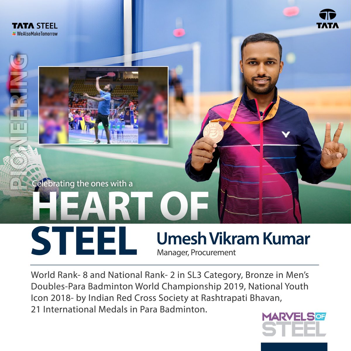 TataSteelLtd's tweet photo. In this #MarvelsOfSteel edition, meet Umesh Vikram Kumar. He has numerous accolades in #ParaBadminton, including 21 medals on the global stage. Honoured as a National Youth Icon - 2018 at Rashtrapati Bhavan, Umesh is a beacon of courage and perseverance.
#TataSteel https://t.co/rl2KzRvxN2