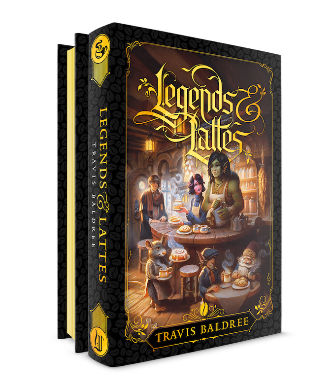 Wraithmarked's tweet photo. Travis Baldree's 'Legends &amp; Lattes' Deluxe Edition is now LIVE on Kickstarter! New cover, gilded page edges, custom illustrations, and waaaay more! 

Genuinely probably the #book we're most proud of so far!!

https://t.co/hNmne2ZpGR https://t.co/twmknQ9sE3