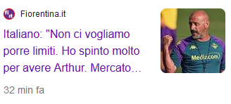 Camparino3's tweet photo. Fa onore a #Italiano la dichiarazione su #Arthur. C'è una sola lettura: se fallisce uno falisce anche l'altro se vincono vincono entrambi, speriamo! Ed è anche un attestato di fiducia alla società #Fiorentina per averlo accontentato (almeno in questo). #zeroalibi #Calciomercato https://t.co/EWavqLhEQR