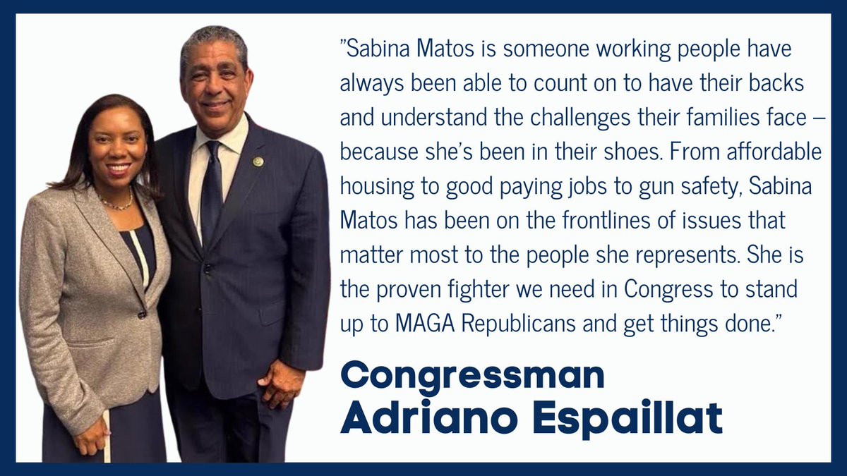 Sabina_Matos's tweet photo. Thrilled to have the support of my good friend, Congressman Adriano @EspaillatNY! I'm looking forward to working together to win this campaign and get things done in Congress. #RI01 https://t.co/h2Oi3w5j52