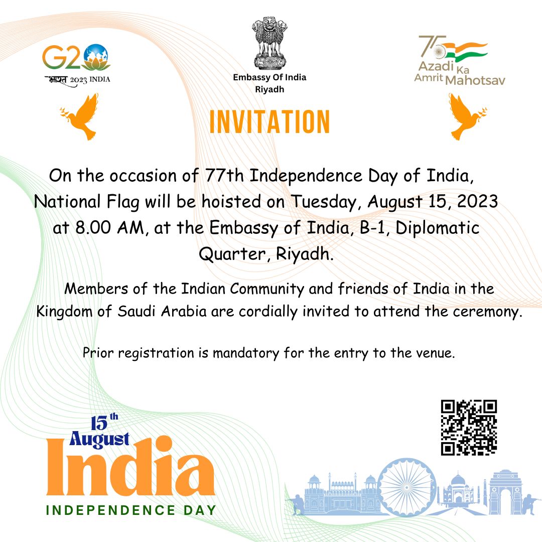 Join us in the celebration of 77th Independence Day of India on August 15th.
Time - 08:00 AM (AST)
For Registration: forms.gle/sa315ypvAB8Z8V… 

<a href="/MEAIndia/">Randhir Jaiswal</a> 
<a href="/IndianDiplomacy/">Indian Diplomacy</a>