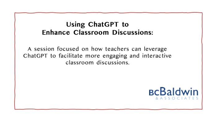 🔍 Learn to use ChatGPT for interactive classroom discussions! Empower teachers, engage students, and foster inclusivity with AI as your discussion partner. 🌟 #EdTech #AIinEducation

🔗 Join us: bcbaldwin.com/ai-in-educatio…