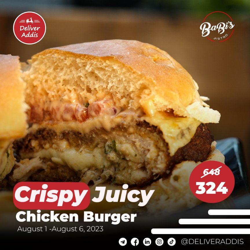 50% OFF CRISPY JUICY CHICKEN BURGER ALL WEEK! The burger you've been craving is now half price 😋BaBi's Bistro's juicy fresh chicken burger smothered in their signature sauce stuffed in a toasted bun. Don't delay, order now for this limited time offer!  #babisbistro #DeliverAddis