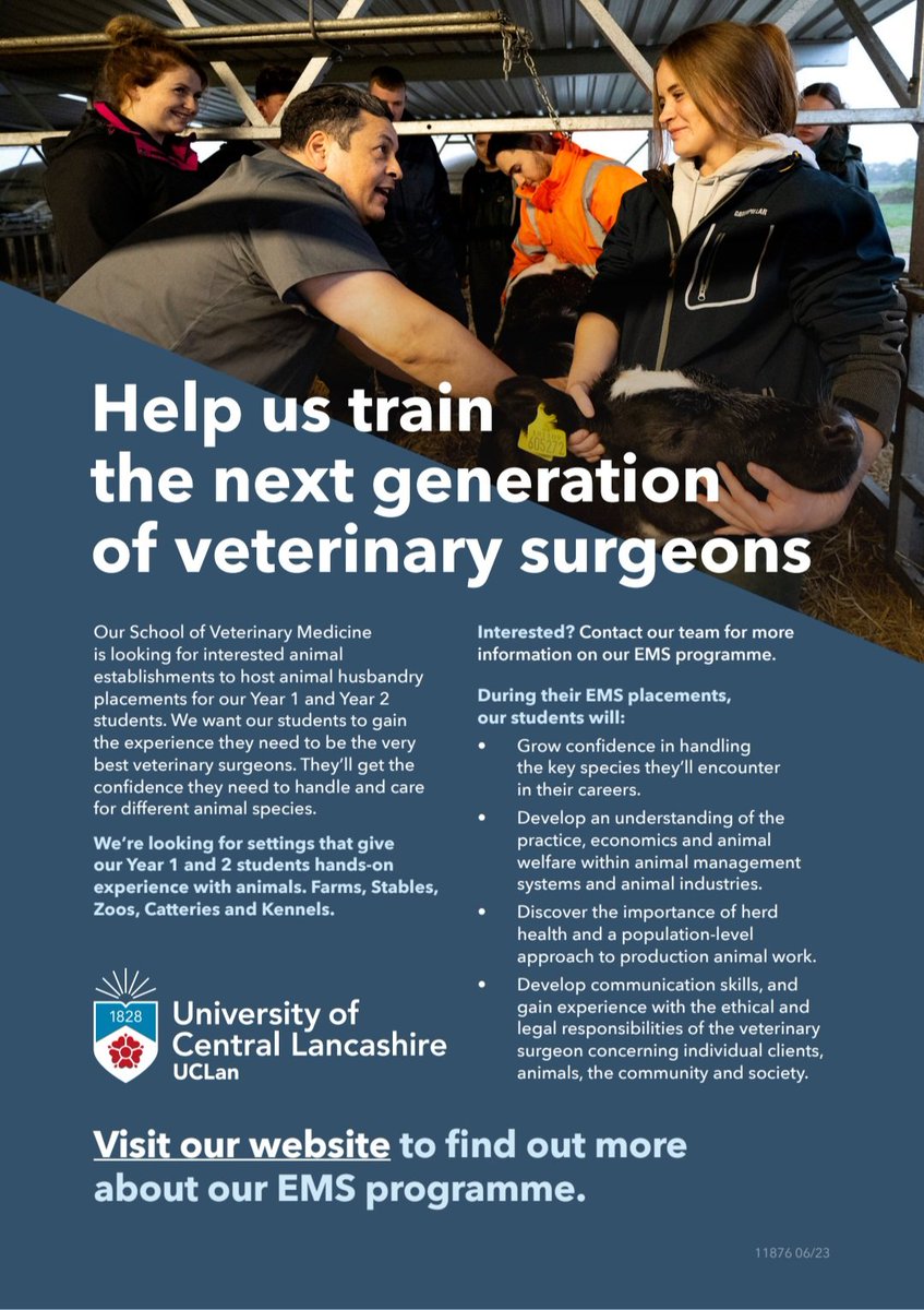 Are you within 2 hours of Preston? 
Could you provide a placement for future veterinary surgeons -
♡ allows animal handling 
♡ demonstrates animal husbandry 
♡can educate on animal industries
#uclan #animals #zoos #farm #pettingzoos #stables #horses #animalwelfare #wildlife