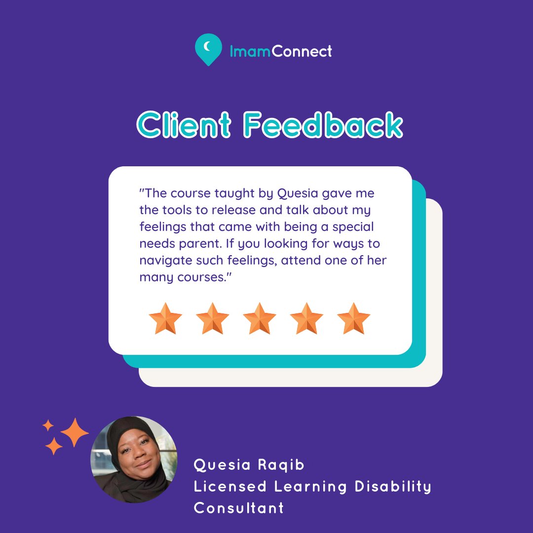 Client feedback on Quesia Raqib, a Licensed Learning Disability Consultant and Certified Behavioural Analyst. Click on the link now to visit her profile on ImamConnect: ow.ly/IyJX50PlyEG

#review #feedback #disabilityconsultant #imamconnect