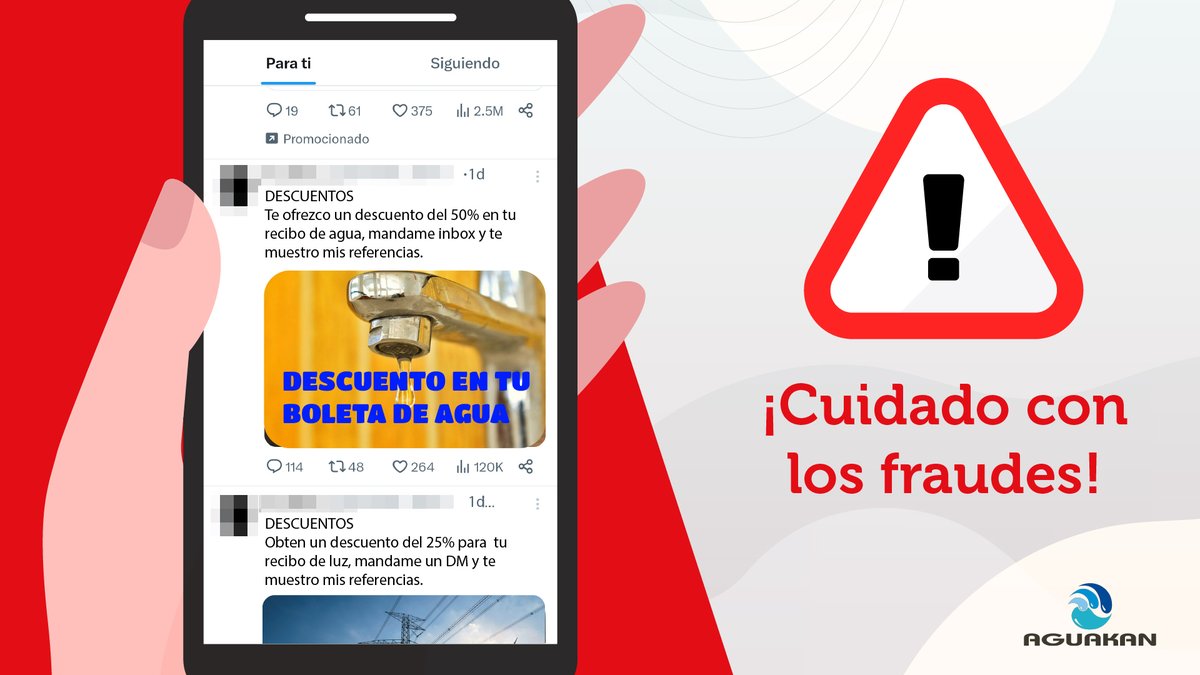 DHCAGUAKAN's tweet photo. ¡No te dejes engañar! En Aguakan, queremos protegerte de fraudes. Es importante que sepas que ningún trámite relacionado con adeudos, convenios de pago y reconexiones, se realiza mediante terceros o en redes sociales. Llama al 073 para recibir orientación segura y confiable. https://t.co/vxAvIzvqhl