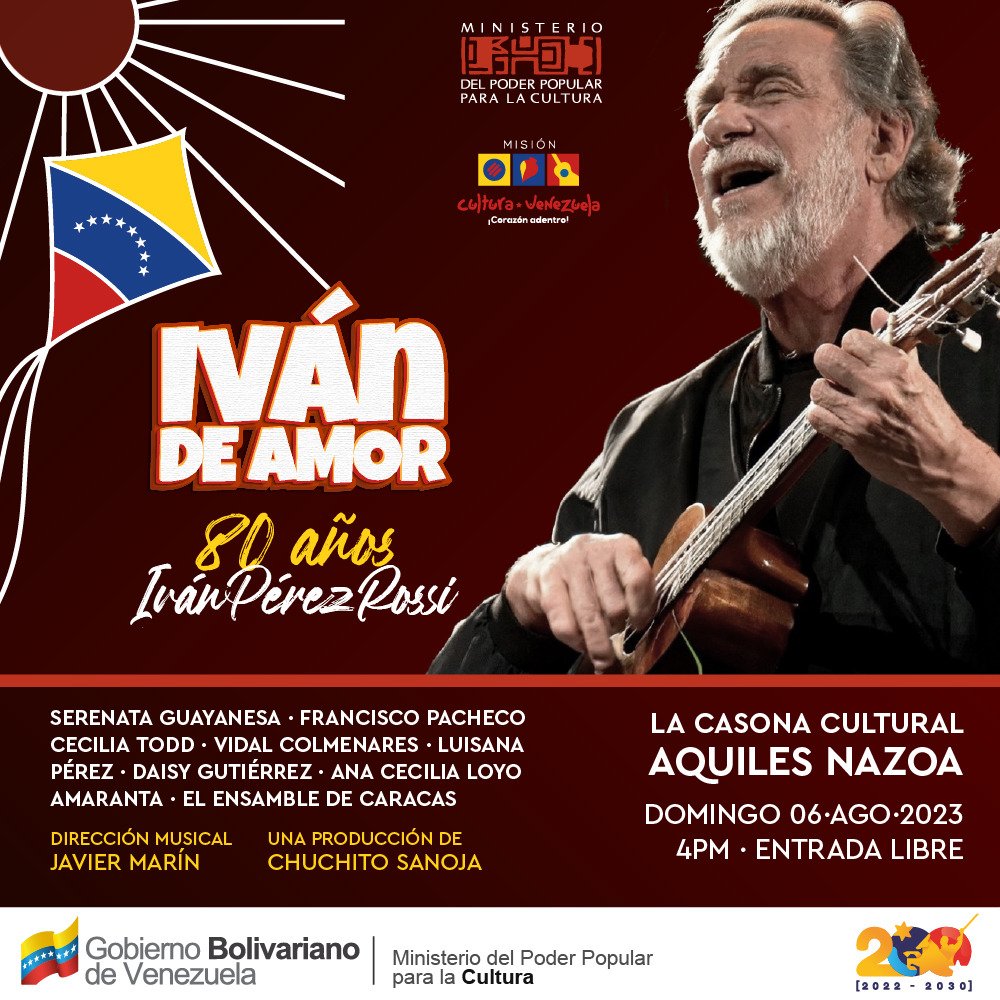 #DeLujo || Agosto abre con los 80años de Iván Pérez Rossi. Acompáñanos a celebrarle el onomástico junto a sus grandes amigos. La cita es el domingo #6Ago, en la #CasonaCultural, a las 4:00p.m. Entrada libre. <a href="/VillegasPoljak/">Ernesto Villegas Poljak</a> <a href="/dinorahcruz/">dinorahcruz</a> <a href="/albaciudad/">Alba Ciudad 96.3 FM 📻🇻🇪🎶</a>