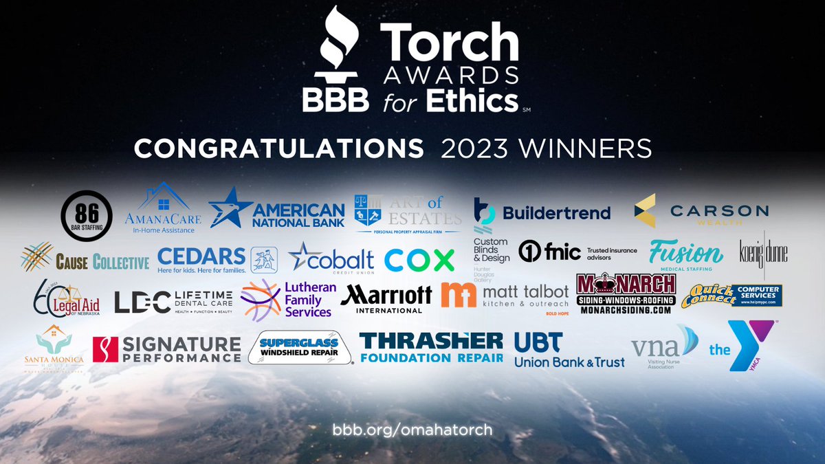 bbbmidwestplain's tweet photo. Congratulations to the 2023 #BBB Torch Awards for Ethics winners. 
86 Bar Staffing
AmanaCare
@AmericanNatBank 
@ArtEstates 
@Buildertrend 
@CarsonWealth 
Cause Collective
@cedarskids 
@cobaltcu 
@CoxComm 
@CustomBlindsDes 
First Insurance Group
@FusionMedStaff1 
@KoenigDunne https://t.co/0BJhDuhurJ