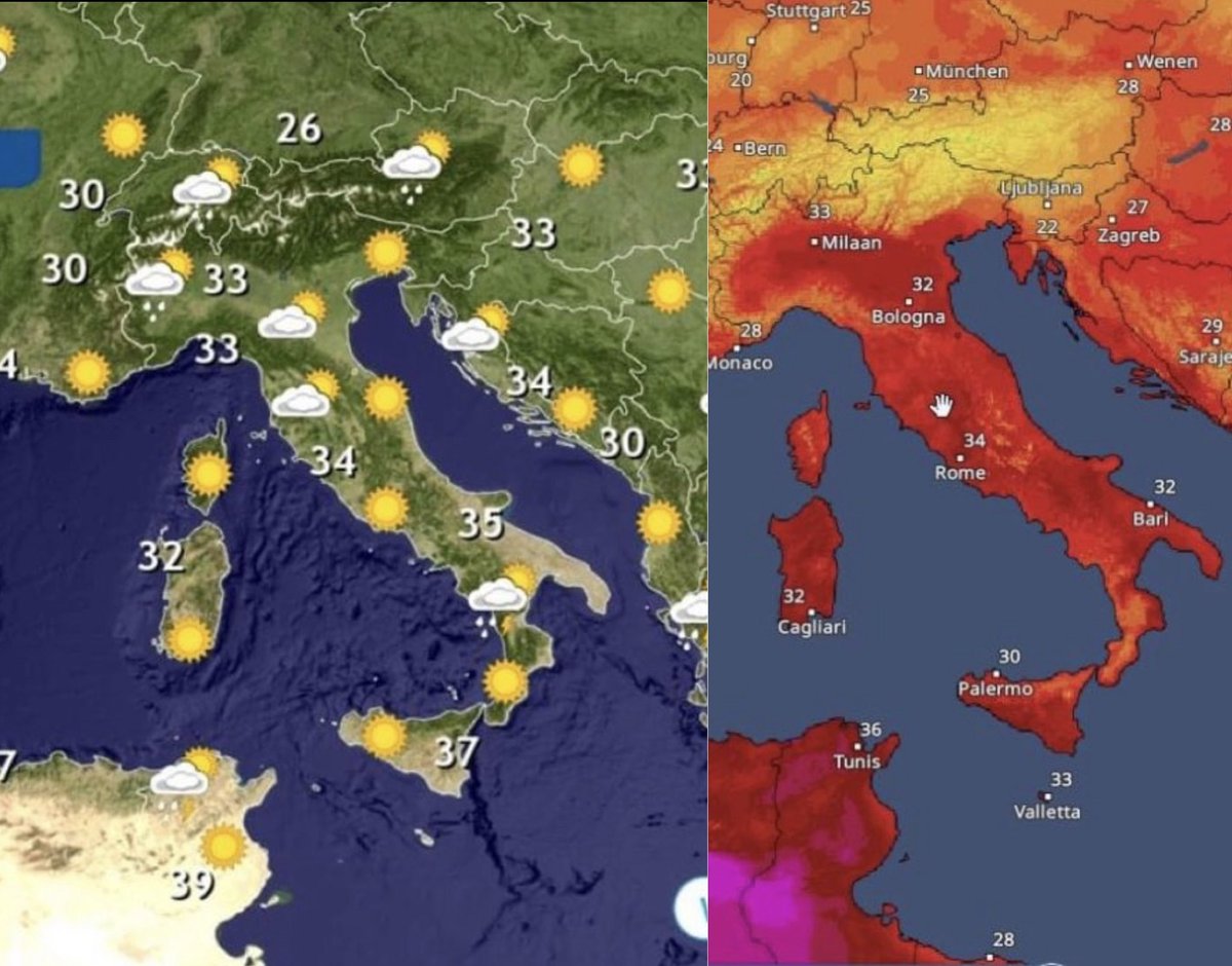 RoyDeVita's tweet photo. Luglio 2019 (cartina normale) Vs Luglio 2023 (cartina infuocata). Le temperature a confronto. Sono queste le cose che rendono il racconto poco credibile… https://t.co/kO0sm8SHDY