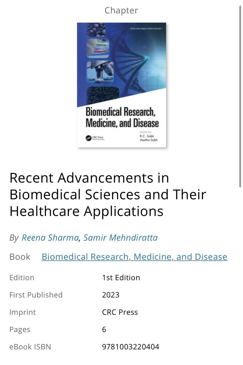 Happy to share our new book chapter on Advances in Biomedical Sciences, their recent healthcare implications and role of AI in biomedical sciences #CRCPRESS #biomedical