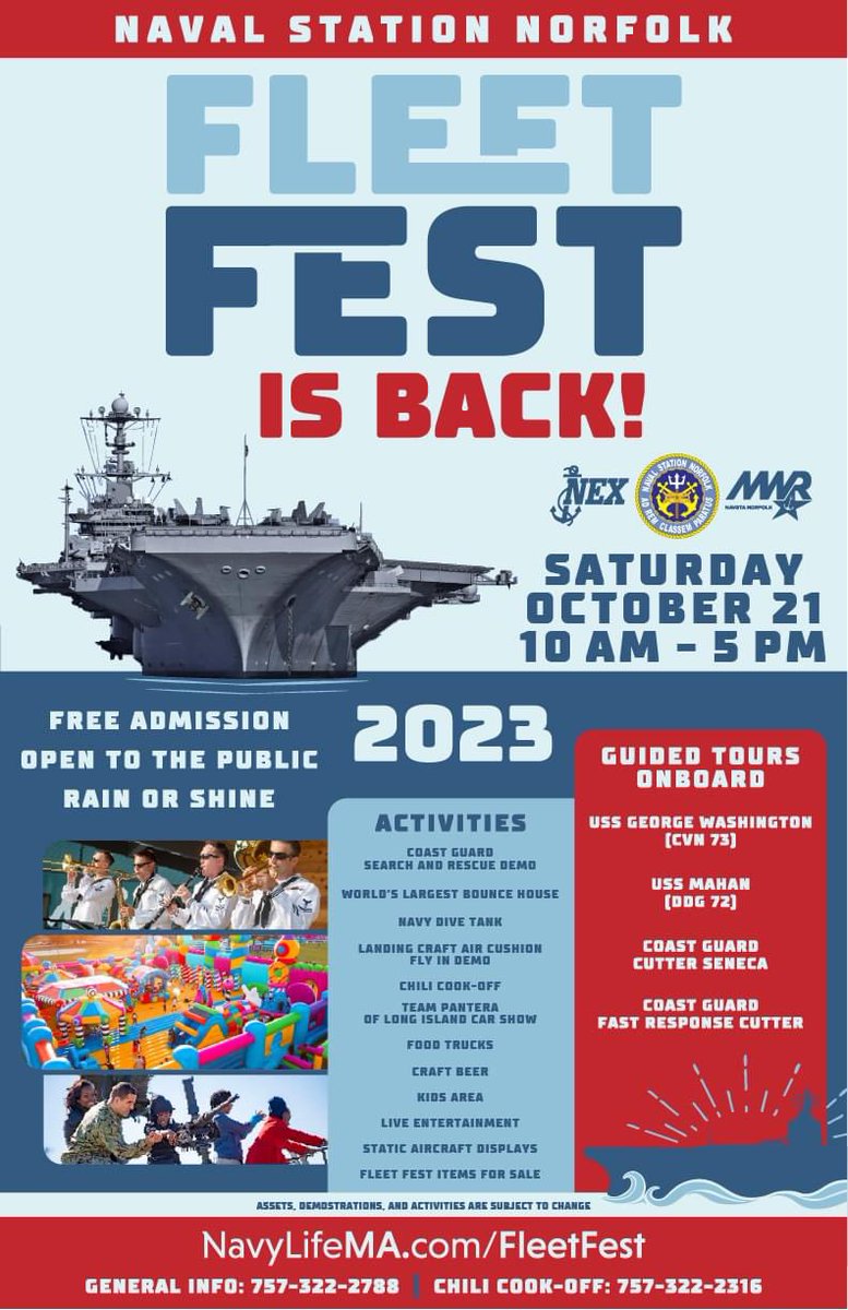 Mark your calendars for October 21!!!!

Fleet Fest IS BACK!!!! Fleet Fest is back bigger and better than ever!!! Tell your friends, tell your family, tell everyone! Help us spread the word!!!!

Please retweet!  

#fleetfestisback
#anchoredinnavalstationnorfolk