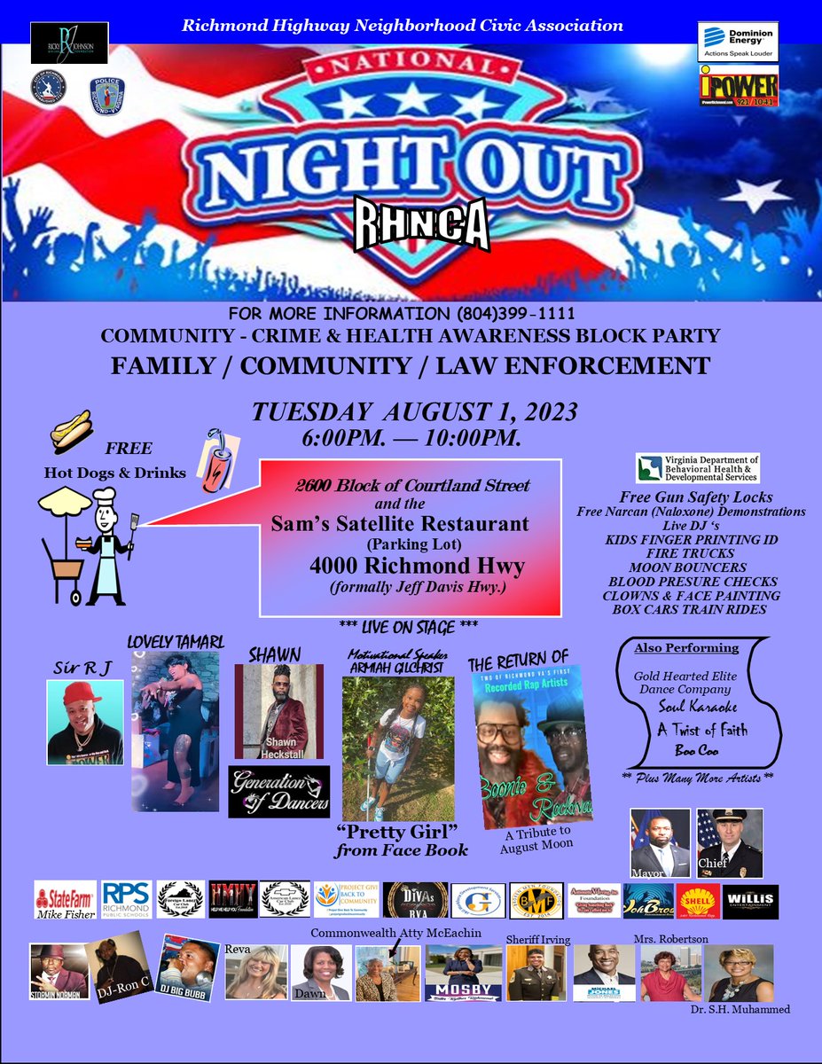📣Join the Richmond Highway Neighborhood Civic Association tonight, from 6 - 10 pm for National Night Out! Come out to Sam's Satellite Restaurant (4000 Richmond Highway) for an evening of food, fellowship, and fun.