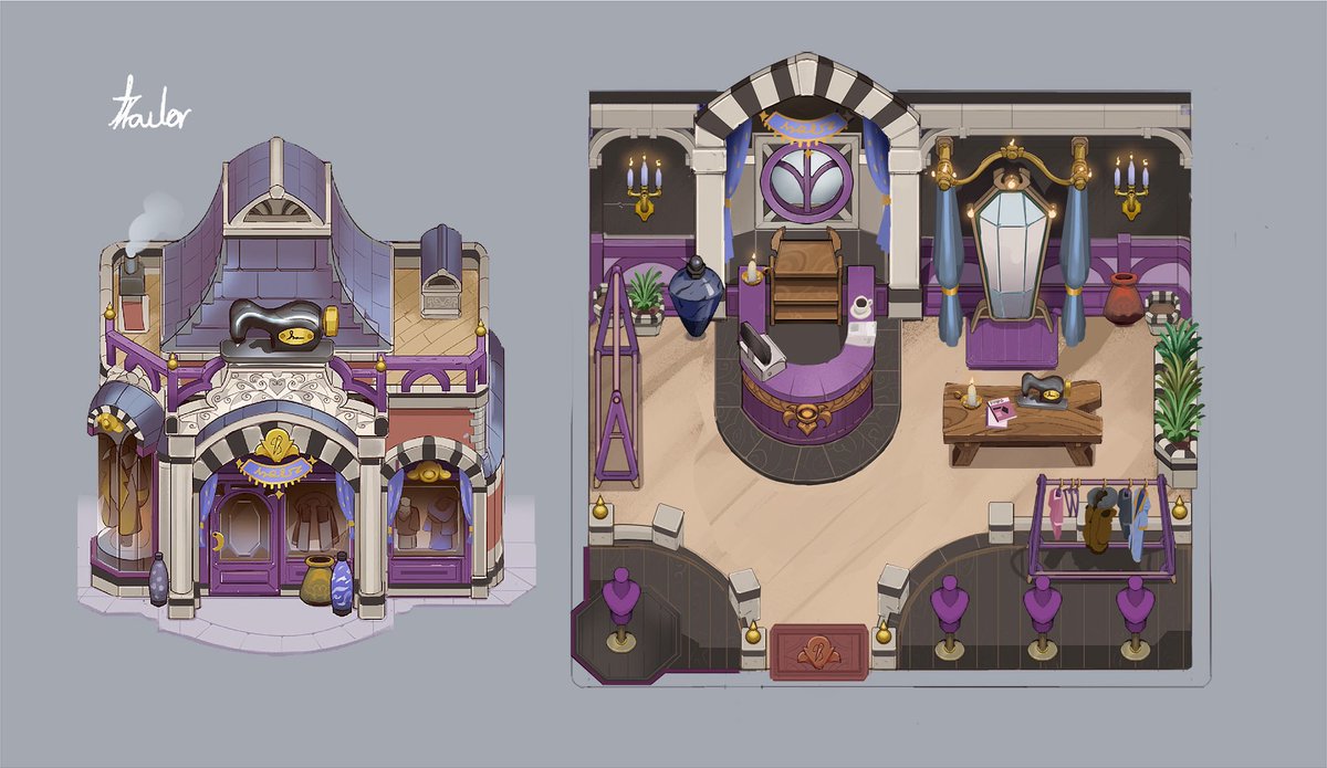 MoonlightPeaks's tweet photo. We loved reading your feedback for the magical shop! Here’s the next one we’ve been working on, the tailor shop! Let us know what you think 💜🫶🏼

Concept by @WietseTreurniet 🦇

#gamedev #indiedev https://t.co/QYbwtkPMZX