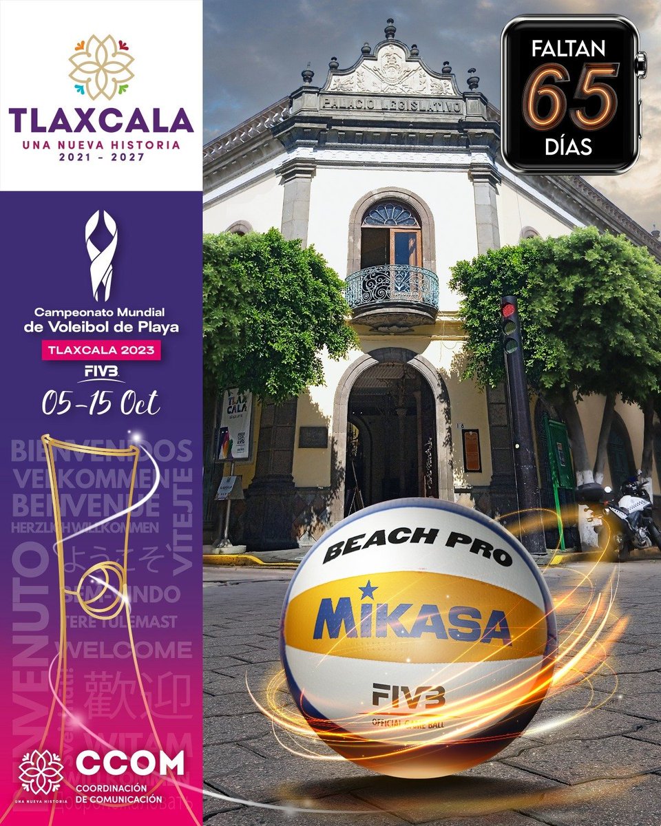 ¡Estamos a 65 días del Campeonato Mundial de Voleibol de Playa, #Tlaxcala 2023‼️#cmvpt2023🟣

🌐Visita la página oficial del evento en: mundialtlaxcala2023.com 

🎟Adquiere tus boletos en: boletomovil.com/beach-volleyba…

#UnaNuevaHistoria