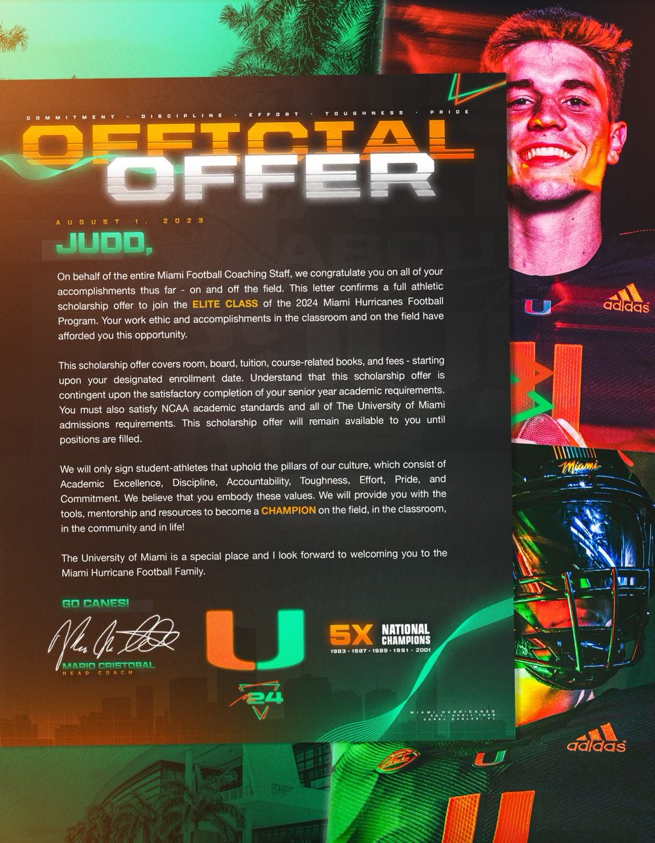 Blessed!!! 🟧🟩🙌🏼 #GoCanes @CanesFootball @coach_cristobal @CoachDawson_UM @dtrain2901 @CoachField @Max_Drisko @cody_orgeron @mackrizz23 @tjoseph__