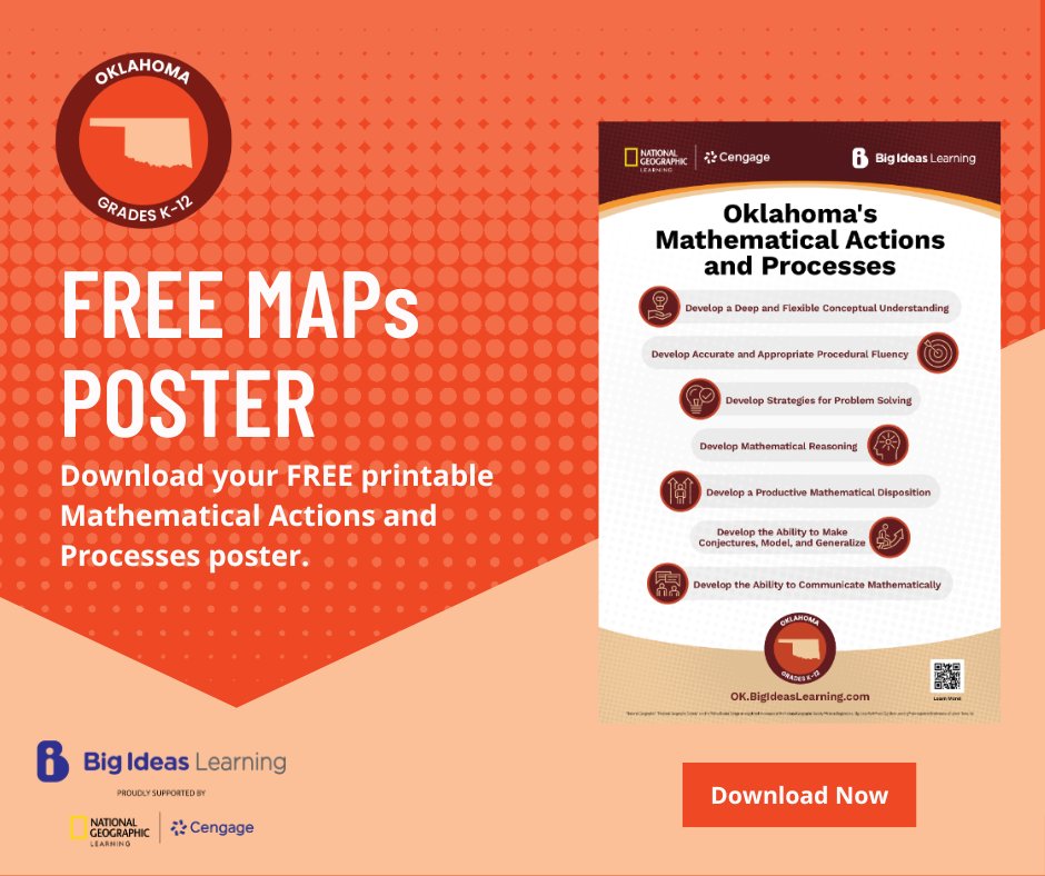 If you’re an Oklahoma math educator looking for a way to display Oklahoma’s Mathematical Actions and Processes, click the link image below to download your FREE MAPS poster! #OklahomaMath #BigIdeasMathOklahoma #NatGeoLearning