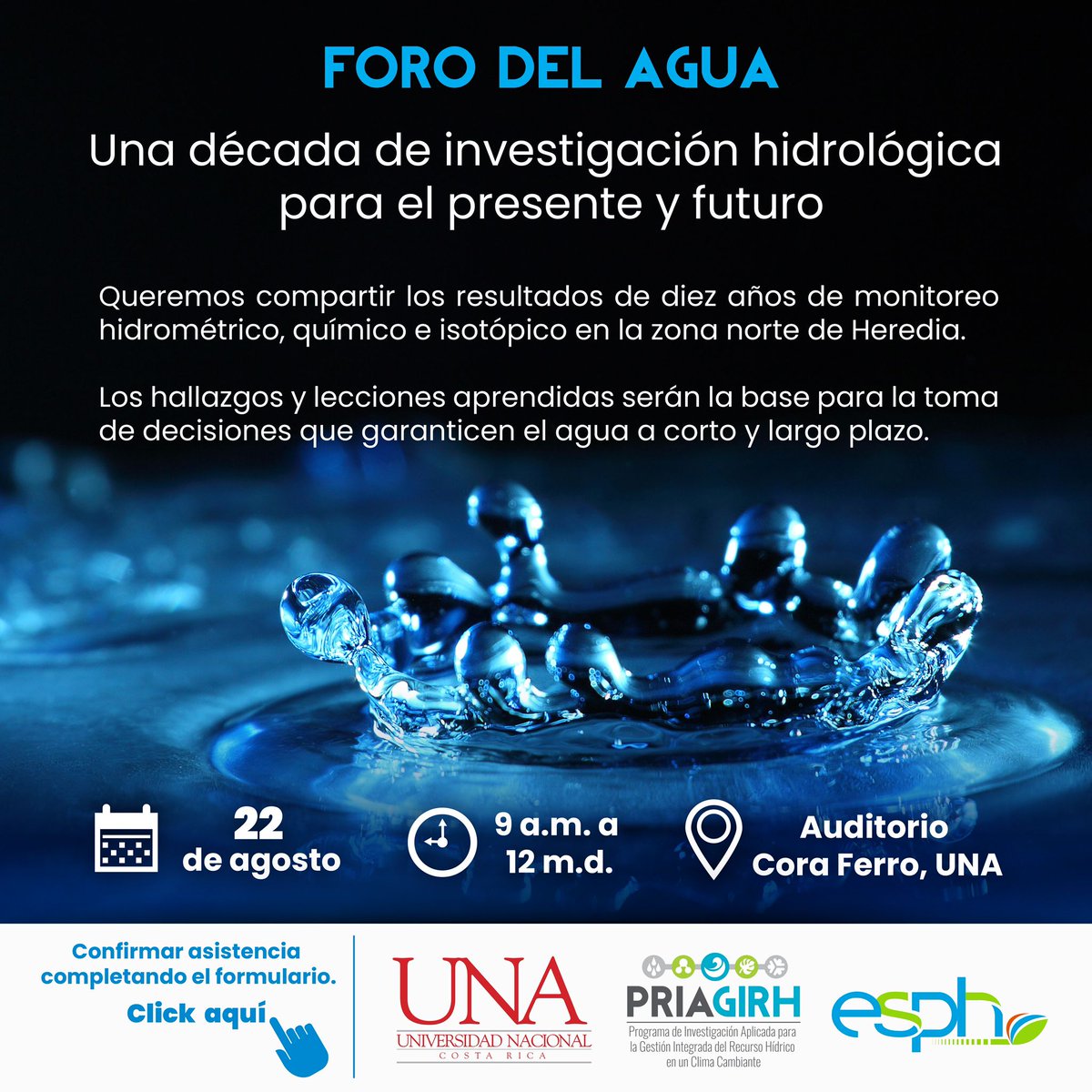 El próximo 22 de agosto los invitamos a la presentación de los resultados de 10 años de monitoreo #hidrometrico e #isotopico en el Valle Central de Costa Rica 
Inscripción en este link:
forms.office.com/r/spqdUfN1Su
<a href="/comunidadUNACR/">UNACostaRica</a> <a href="/IsotopesTropics/">Isotopes in the Tropics</a> <a href="/esphheredia/">ESPH Heredia</a> @HydroTracers
