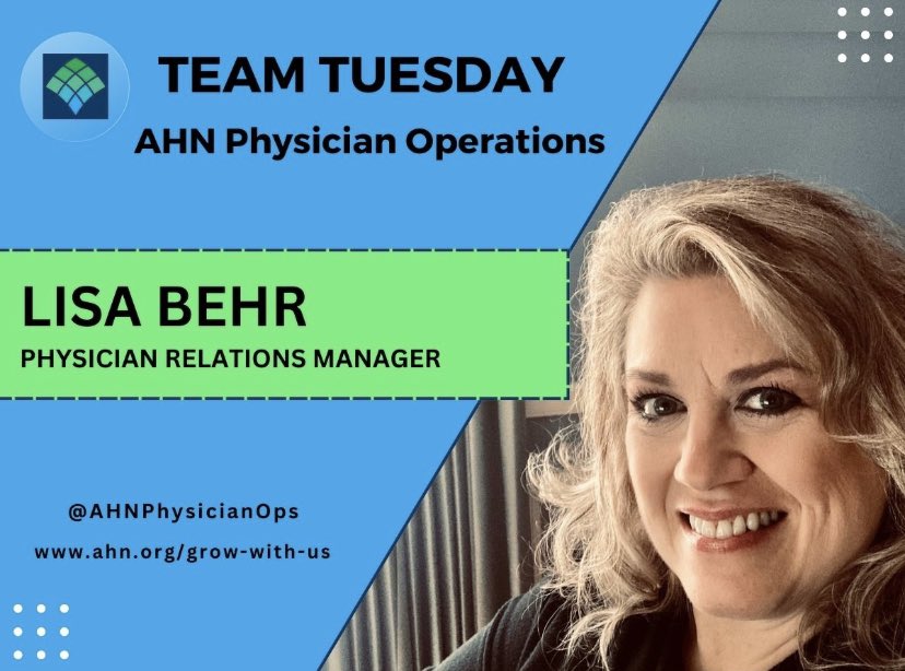 AHNPhysicianOps's tweet image. Our next #TeamTuesday is Lisa Behr! Lisa is a Physician Relations Manager who has been with our team for 3 1/2 years. She works with physicians in our Central and West regions of our AHN network!