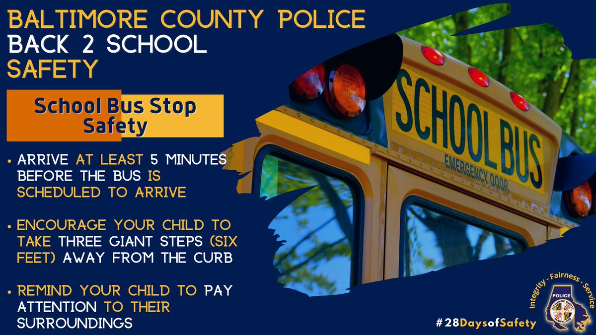 BaltCoPolice's tweet photo. #BCoPD is excited to announce its #BacktoSchool #28DaysofSafety Campaign kickoff. Leading up to the 1st day of 🏫,  the #Baltimore County Police Department will provide ways to stay safe. Tip #1 Check out your 🚍stop before the 1st day of 🏫 It's worth the trip. https://t.co/dkjAhgEKu9
