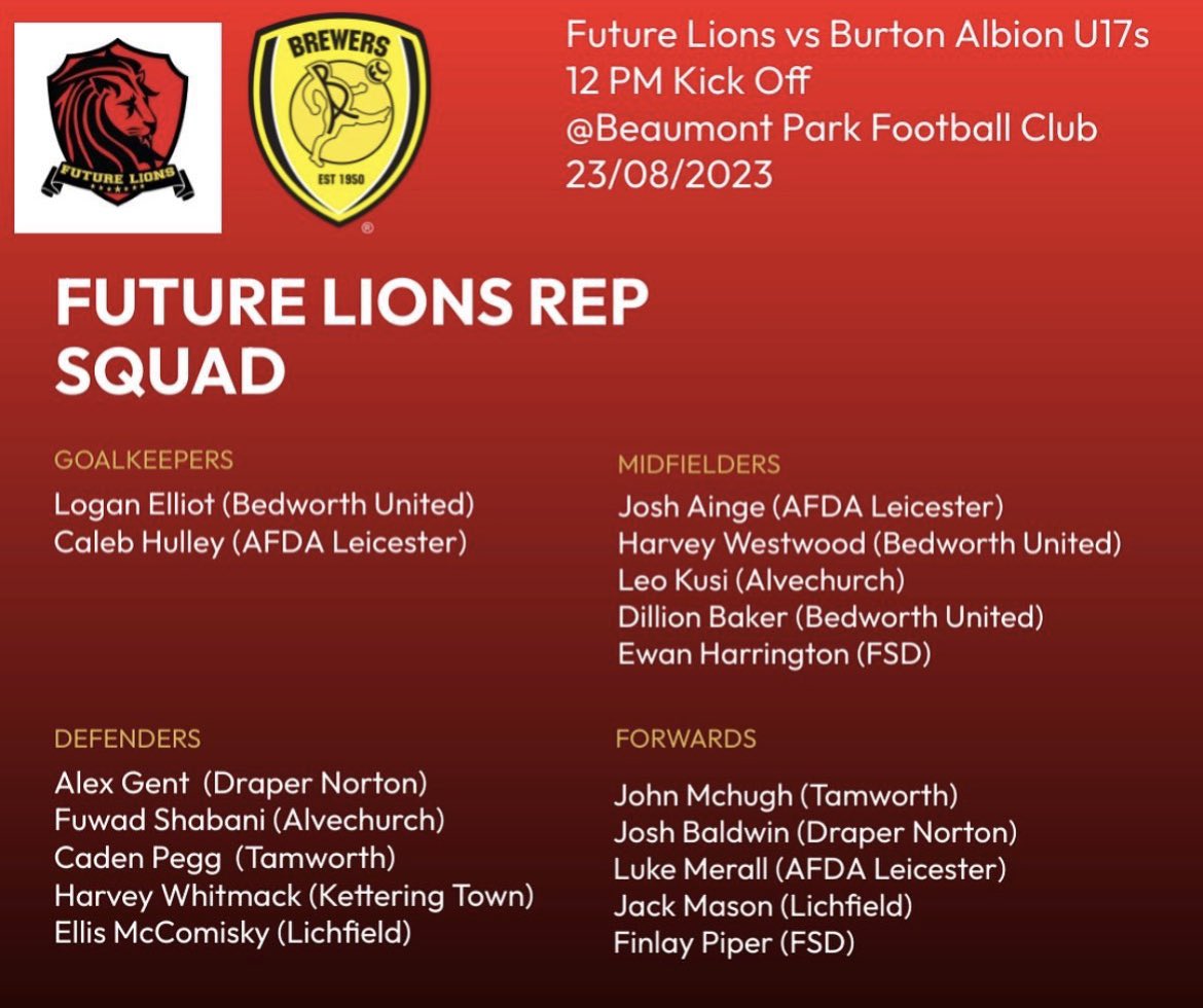 A Reminder that our latest Future Lions Rep Game is coming up in less than 3 weeks time 👏 

We’ll be going up against a talented Burton Albion Side which will give the lads a stern test 🦁🏆⚽️ #FutureLions