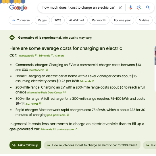 ShalomGood's tweet photo. (SEO)  

Google's SGE (Their Beta AI) is now showing results with links to appropriate publishers. 

 I've not seen this  This could be a massive change for publishers and their relationship with Google https://t.co/11EWCy8FVf