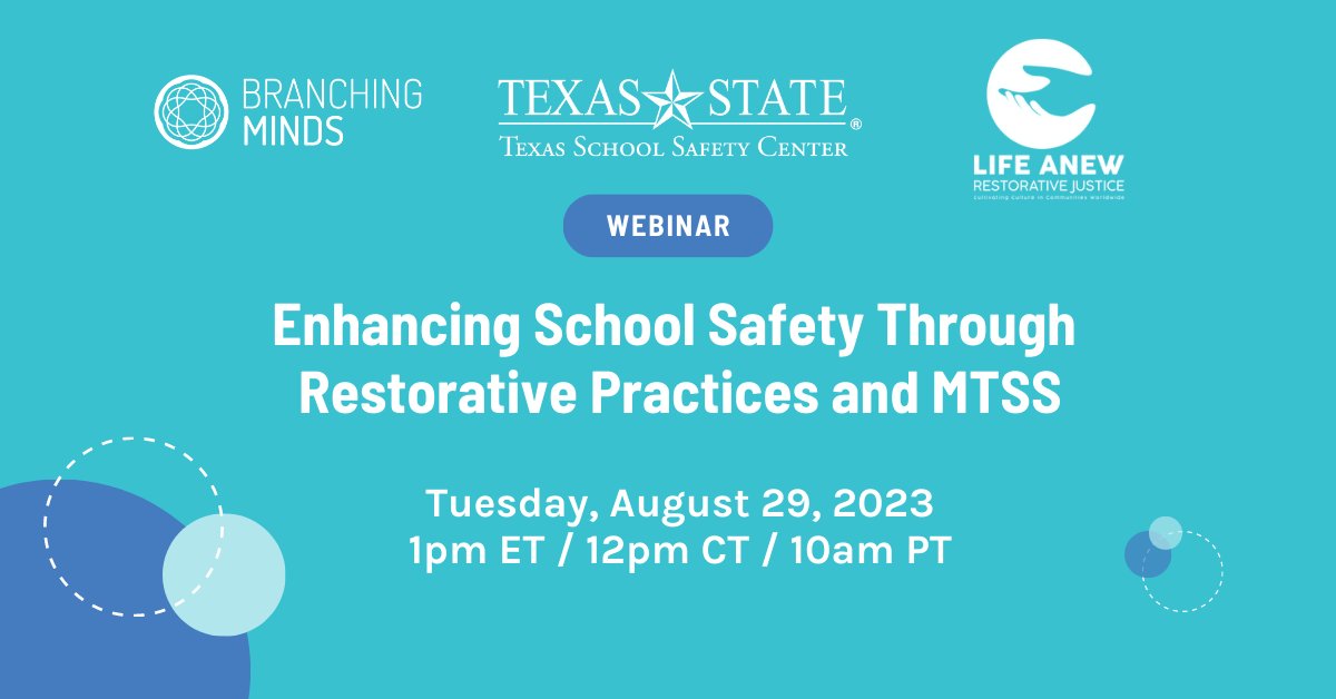 TxSchoolSafety's tweet photo. Register today for a free webinar with @BranchingMinds, Life Anew Restorative Justice &amp; TxSSC about how #EdLeaders and school-based law enforcement can collaborate to take kids off the pathway to violence: https://t.co/GtB8OWd4ij  #schoolsafety #saferschools #edwebinar #edchat https://t.co/PgNvPYyH3P