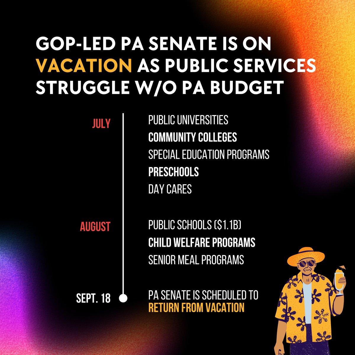 AllAboutPA's tweet photo. Billions of dollars in critical funding for Pennsylvania schools, senior services, and child welfare are locked up until the GOP-led Senate reconvenes in September.

Only Senate Republicans can free the budget. Call your Senator and ask why they’re holding Pennsylvanians hostage. https://t.co/jMgNnMFDZa