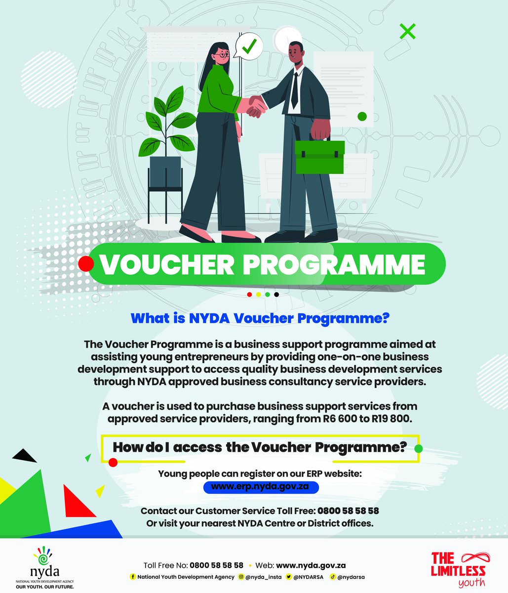 NYDARSA's tweet photo. [AS HIGHLIGHTED DURING YESTERDAY’S WEBINAR] 

The NYDA Voucher Programme provides young entrepreneurs with non-financial support business development opportunities.

What services does the Voucher buy?
- Business Plan development
- Business feasibility
- Bookkeeping and financial administration
- Business re-engineering
- Website development and hosting
- Business operations manuals
- Marketing strategy and plan

Young entrepreneurs access this service through vouchers, which range from R6 600.00 to R19 800.00.

👉https://t.co/r93kG3hWqU

#NYDA #Voucher #BusinessPlan #Business #Bookkeeping #Website #development #Marketing #SouthAfrica #SouthAfricans #chooseday #tuesdaymotivations #Mzansi #Entrepreneurs #Entrepreneurship #WomensMonth #WomensMonth2023 #NewMonth #HappyNewMonth #1stOfAugust