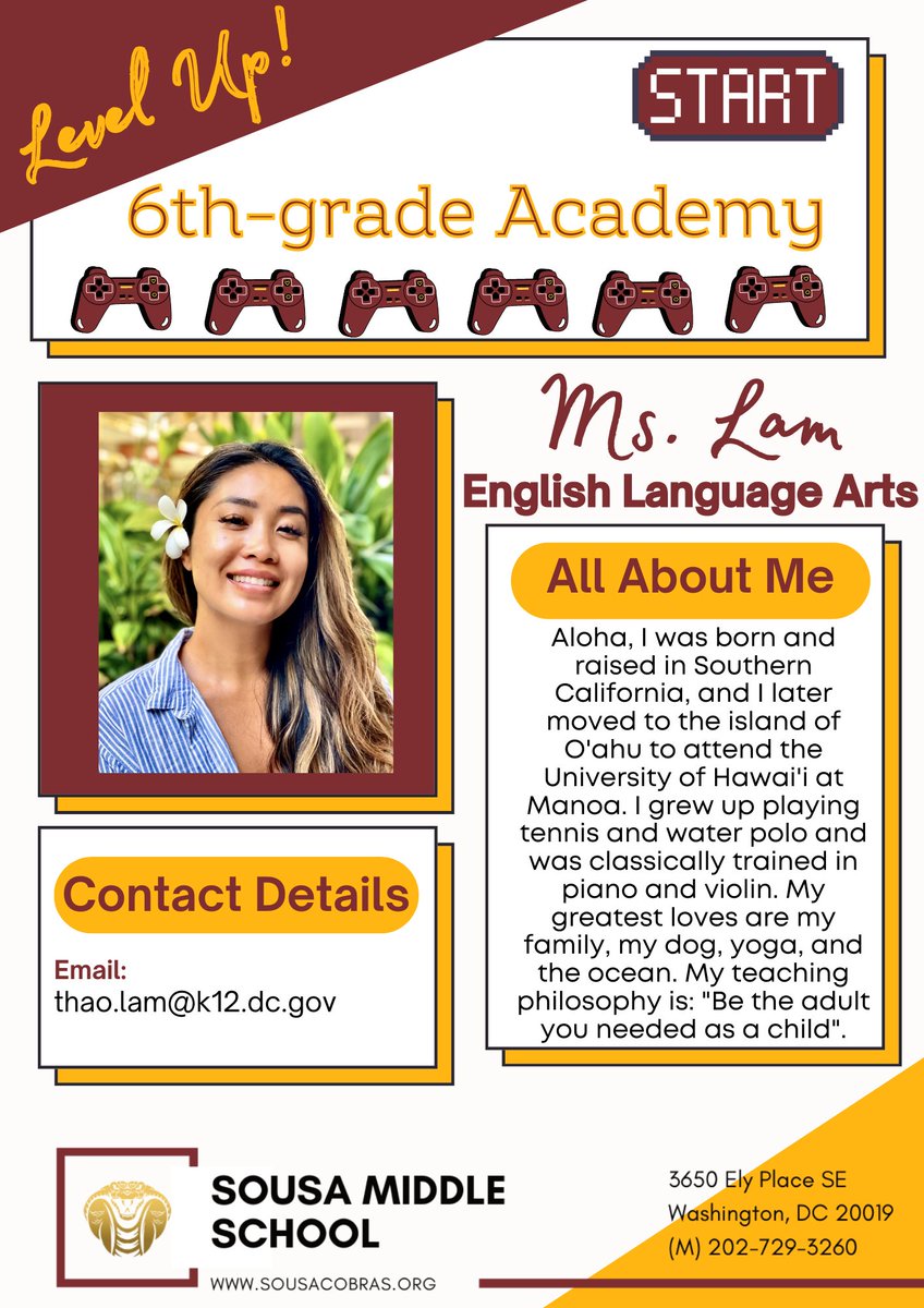Welcome to the 6th grade Academy at Sousa Middle School! Meet your 6th grade Academy Champions, Ms. Lam (ELA) and Ms. Summers (Special Education)!  

Don’t forget to RSVP for Summer Bridge scholars!  

bit.ly/SMSSummerBridg…