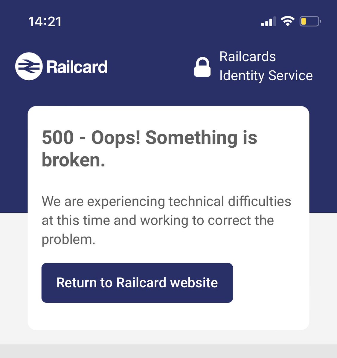Harrison_Batty's tweet photo. Hey @_Railcards can you help me out please, I am trying to sign into my account to update my railcard but met by this each time? https://t.co/PJ8vEuS6Fn