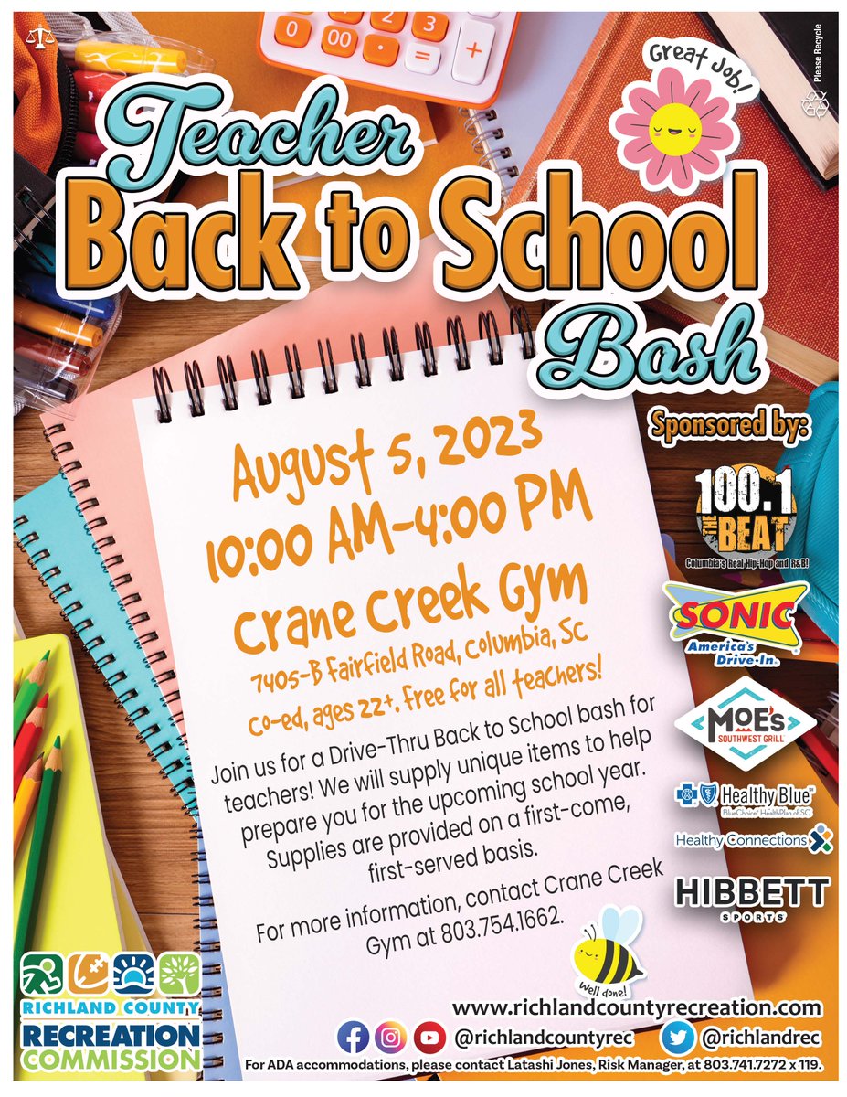 Our Teacher Back to School Bash is this Saturday, August 5th, at the Crane Creek Gym from 10 a.m. to 4 p.m.! Don't miss this fantastic event, designed to provide teachers with unique supplies for the upcoming year.

#fun #colasc #backtoschool #teachersrock #teachers #sodacitysc